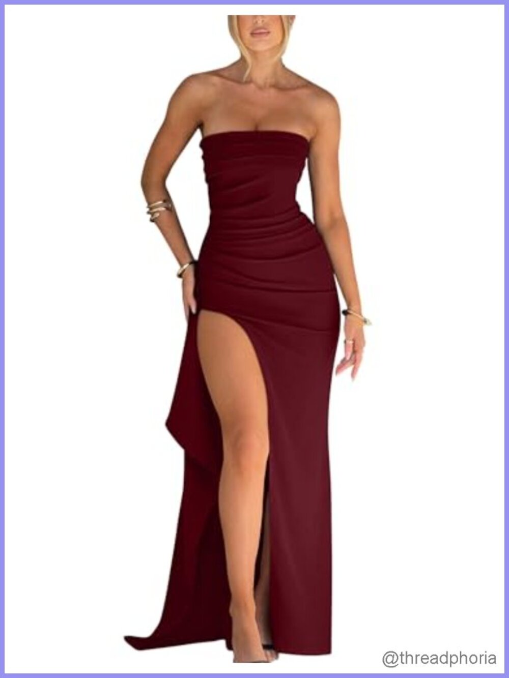 Women's Strapless Bodycon Ruched High Slit Long Formal Evening Dress